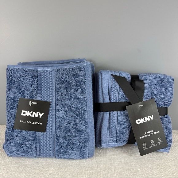 DKNY 6 Piece Set 2 Hand Towels 4 Washclothes Blue 100% Cotton Super Soft NEW - Picture 1 of 7
